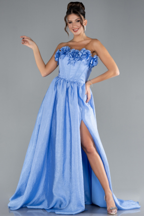 Indigo Floral Strapless Collar Slit Long Prom Gown ABU4337