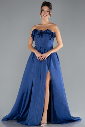 Navy Blue Floral Strapless Collar Slit Long Prom Gown ABU4337