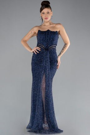 Navy Blue Straleless Slit Long Stone Evening Gown ABU4352