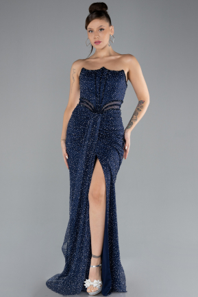 Navy Blue Straleless Slit Long Stone Evening Gown ABU4352