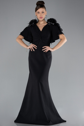 Black Short Sleeve V Neck Long Plus Size Evening Dress ABU4353