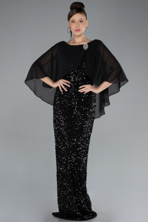 Black Short Shawl Sleeve Long Scaly Plus Size Evening Gown ABU4354