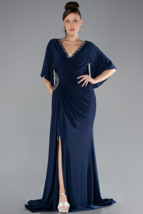 Navy Blue Short Sleeve Slit Long Plus Size Evening Dress ABU3735