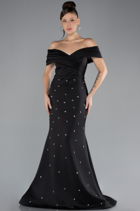 Black Boat Neck Long Stoned Plus Size Evening Gown ABU4347