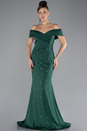 Emerald Green Boat Neck Long Stoned Plus Size Evening Gown ABU4347