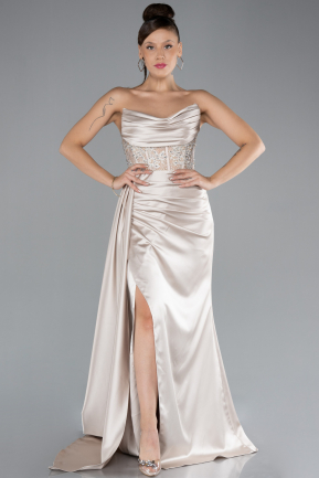 Beige Long Satin Evening Dress ABU4366