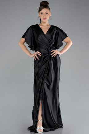 Black Short Sleeve Slit Long Satin Plus Size Evening Dress ABU4349