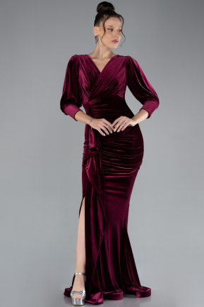 Burgundy Capri Sleeve Slit Long Velvet Evening Dress ABU4374