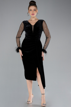 Black Long Sleeve Midi Velvet Invitation Dress ABK2168