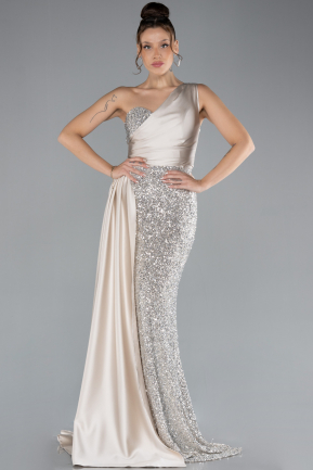 Beige One Sleeve Long Sequined Evening Gown ABU4378