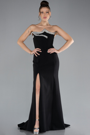 Black Stoned Strapless Neckline Slit Long Evening Gown ABU4379