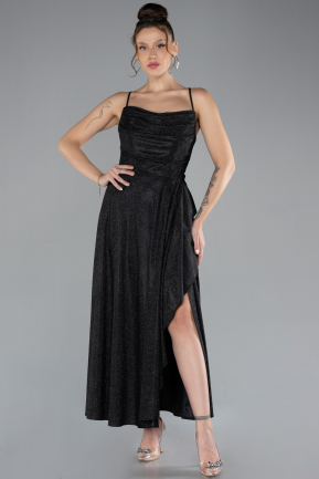 Black Low Cut Midi Glittery Cocktail Dress ABK2170