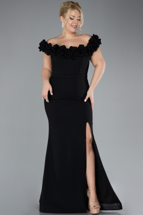 Black Floral Collar Slit Long Plus Size Evening Gown ABU4388