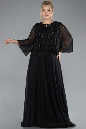 Black Stoned Capri Sleeve Long Plus Size Evening Dress ABU4389