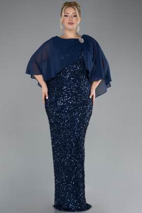 Navy Blue Short Shawl Sleeve Long Scaly Plus Size Evening Gown ABU4354