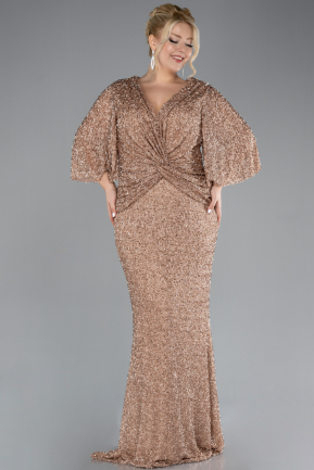 Gold Short Sleeve Beaded Long Plus Size Evening Gown ABU4390