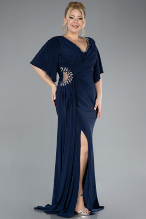 Navy Blue Short Sleeve Slit Long Plus Size Evening Dress ABU3735