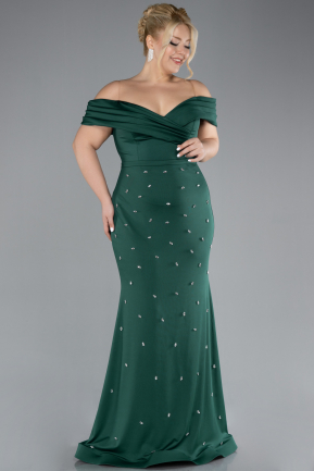 Emerald Green Boat Neck Long Stoned Plus Size Evening Gown ABU4347