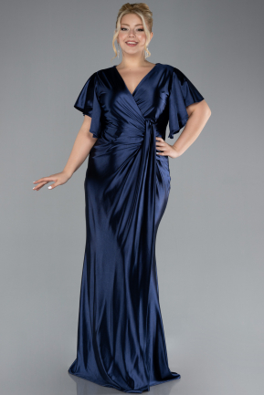 Navy Blue Short Sleeve Slit Long Satin Plus Size Evening Dress ABU4349