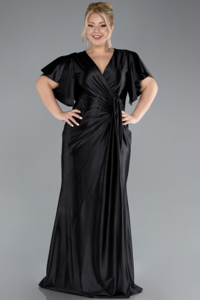 Black Short Sleeve Slit Long Satin Plus Size Evening Dress ABU4349