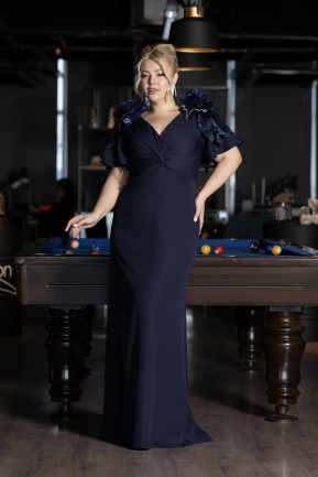 Navy Blue Short Sleeve V Neck Long Plus Size Evening Dress ABU4353