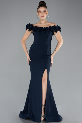 Navy Blue Floral Boat Neck Slit Long Evening Gown ABU4387