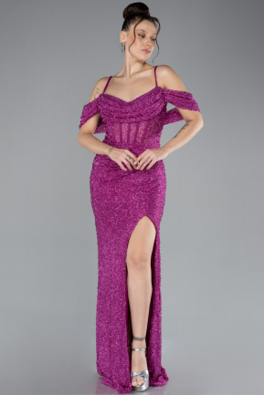 Fuchsia Slit Long Stone Prom Gown ABU4394