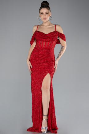 Red Slit Long Stone Prom Gown ABU4394