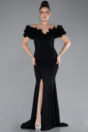 Black Boat Neck Slit Long Evening Dress ABU4080