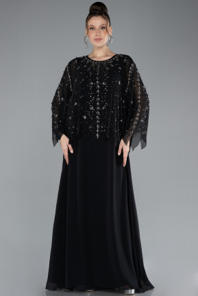 Black Long Sleeve Stoned Chiffon Plus Size Evening Dress ABU4396