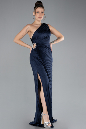 Navy Blue One Shoulder Satin Slit Evening Dress ABU4393