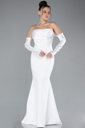 White Strapless Sleeve Accessories Long Mermaid Prom Dress ABU4398