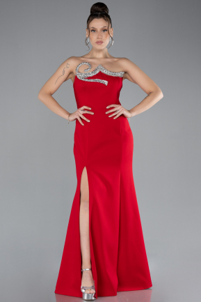 Red Stoned Strapless Neckline Slit Long Evening Gown ABU4379