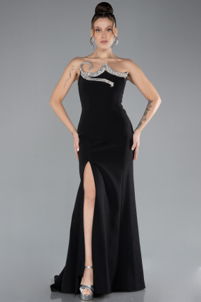 Black Stoned Strapless Neckline Slit Long Evening Gown ABU4379