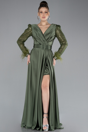 Olive Drab Sequined Long Sleeve Slit Satin Evening Dress ABU4399