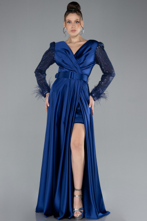 Sax Blue Sequined Long Sleeve Slit Satin Evening Dress ABU4399