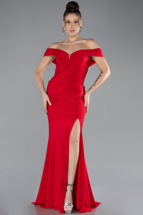 Red Boat Neck Slit Long Evening Gown ABU4400