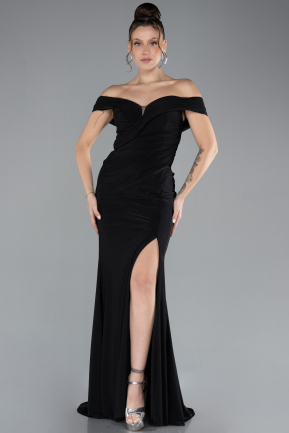 Black Boat Neck Slit Long Evening Gown ABU4400