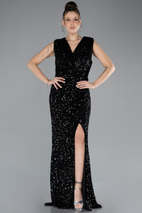 Black Sleeveless Slit Long Sequined Plus Size Evening Dress ABU4401