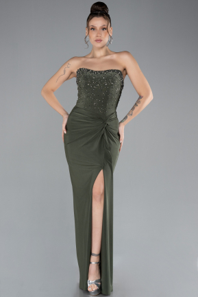 Olive Drab Strapless Slit Long Evening Dress ABU3977