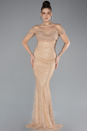 Gold Off The Shoulder Stone Long Mermaid Prom Dress ABU4402