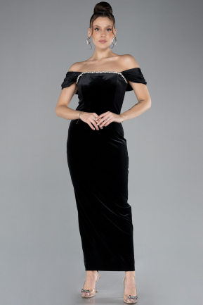 Black Off The Shoulder Midi Velvet Invitation Dress ABK2173