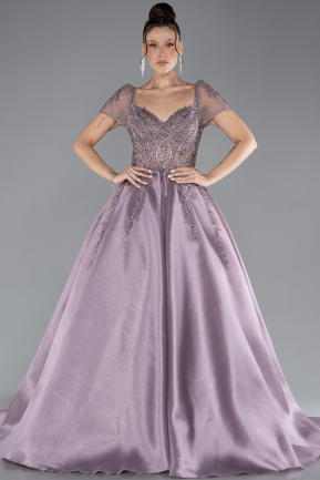 Lavender Short Sleeve Stone Plus Size Special Design Evening Dress ABU4470