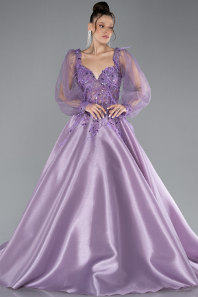 Lavender Long Tulle Sleeve Stoned Plus Size Special Design Evening Dress ABU4471