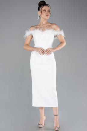 White Feathered Boat Neck Midi Cocktail Dress ABU4473