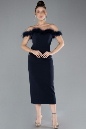 Navy Blue Feathered Boat Neck Midi Cocktail Dress ABU4473