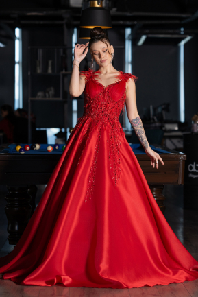 Red Sleeveless Stoned Long Princess Haute Couture Dress ABU4436