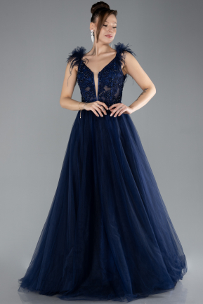 Navy Blue Sleeveless Beaded Long Tulle Prom Dress ABU4491