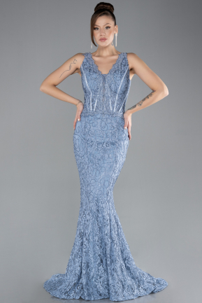 İndigo Sleeveless Laced Long Mermaid Prom Gown ABU4493