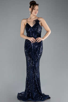 Navy Blue Straps Sequin Train Long Mermaid Prom Dress ABU4494